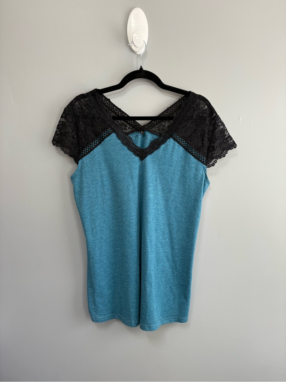Women’s‎ Blue Cotton Black Lace Cap Sleeve Yoke Short Sleeve Top Size L